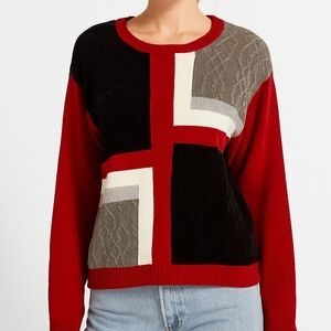 Colorblock 90's Red Black and Gray Chenille Cable Sweater 2X Soft Stretchy Retro